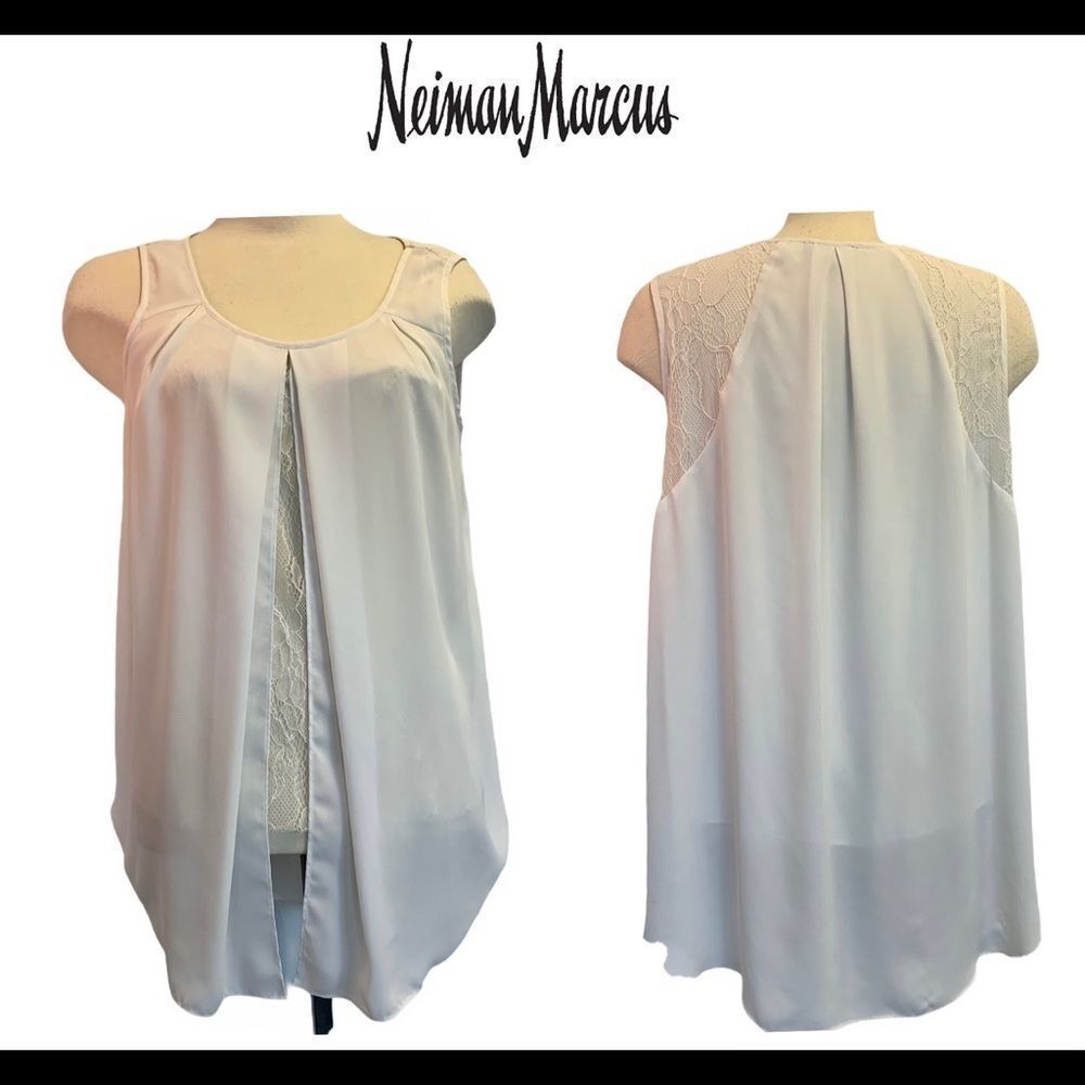 Nieman Marcus white draped lace sleeveless blouse